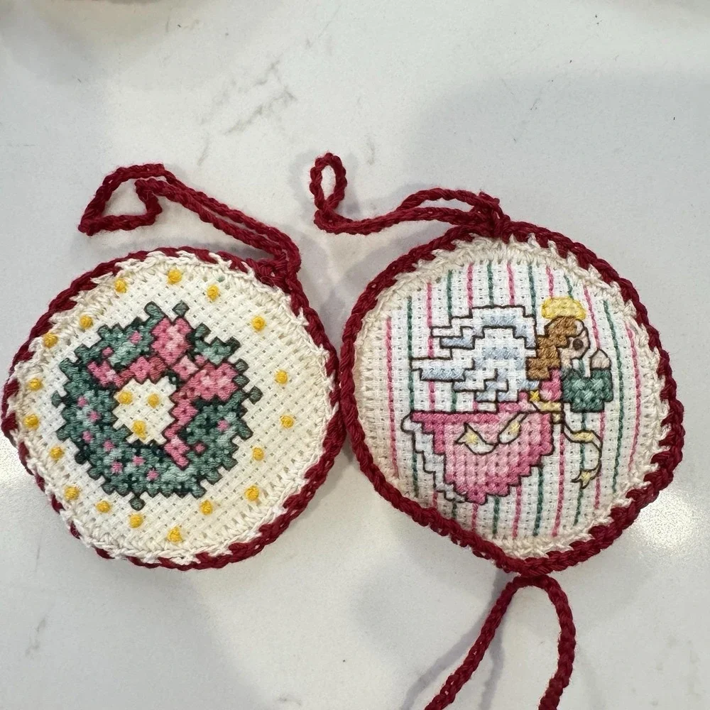 Vintage Cross-Stitch Christmas Ornaments Cottage Core Round Lot 90s Handmade